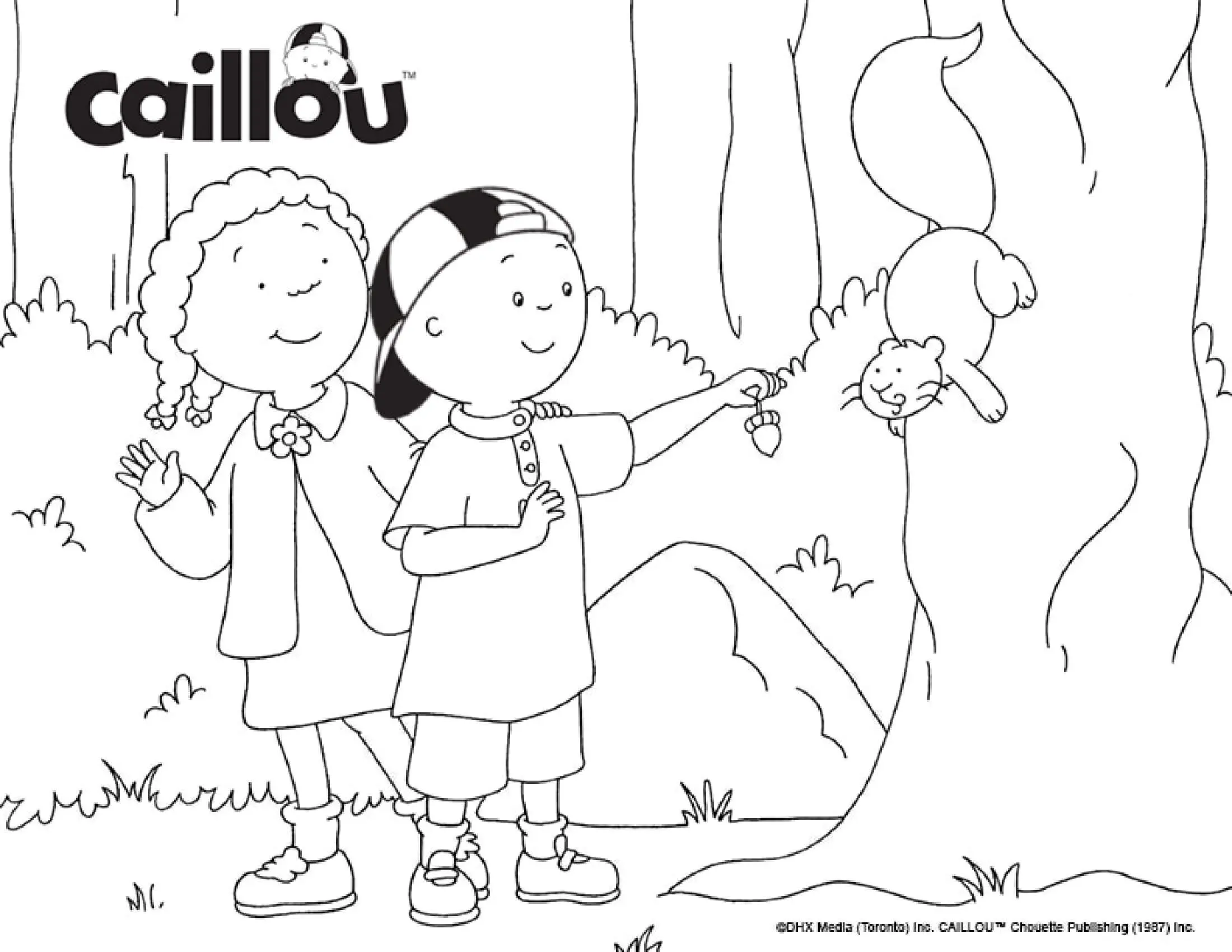 Coloriage Caillou Et Clementine Avec Un Écureuil Au Parc - Caillou à imprimer