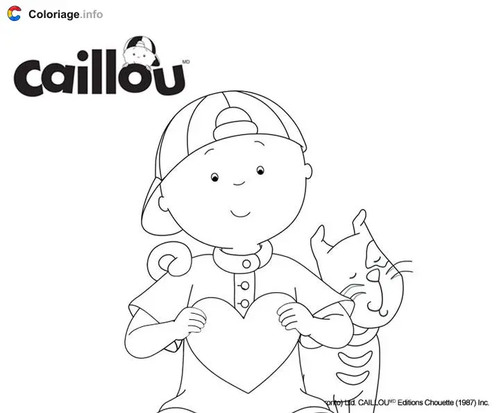 Caillou and Gilbert the Cat with a Valentine Heart coloring page to print