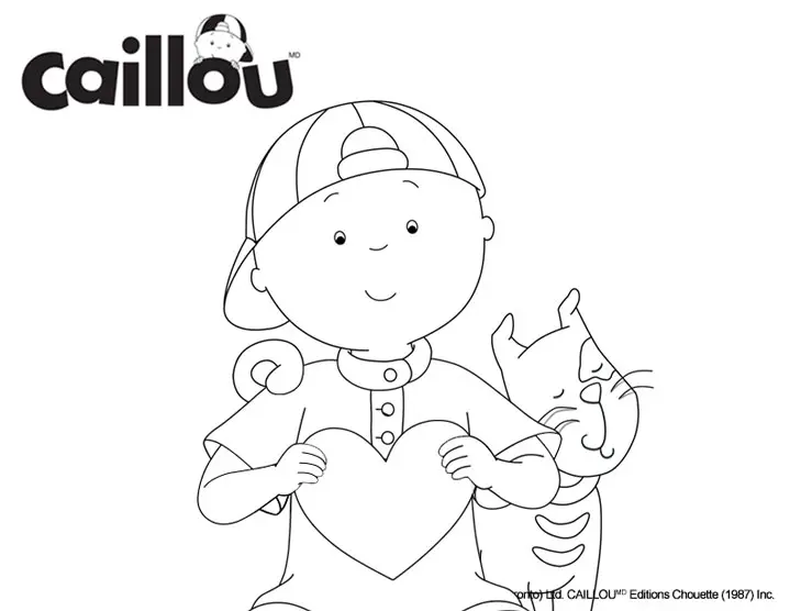 Coloriage Caillou Et Le Chat Gilbert Avec Un Cœur Pour La Saint Valentin - Caillou à imprimer