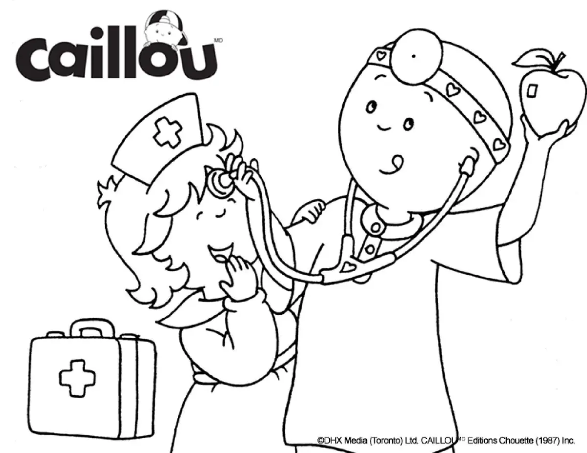 Kleurplaat Caillou en Mousseline spelen doktertje om te printen