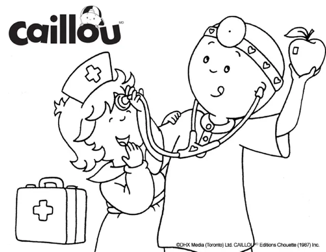 Coloriage Caillou Et Mousseline Jouent Au Docteur - Caillou à imprimer
