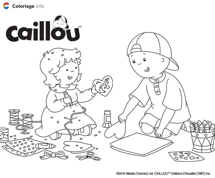 Caillou and Mousseline Make Valentine's Day Crafts coloring page to print