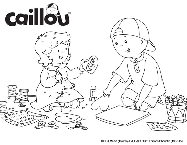 Coloriage Caillou Et Sa Sœur Mousseline Bricolent Pour La Saint Valentin - Caillou à imprimer