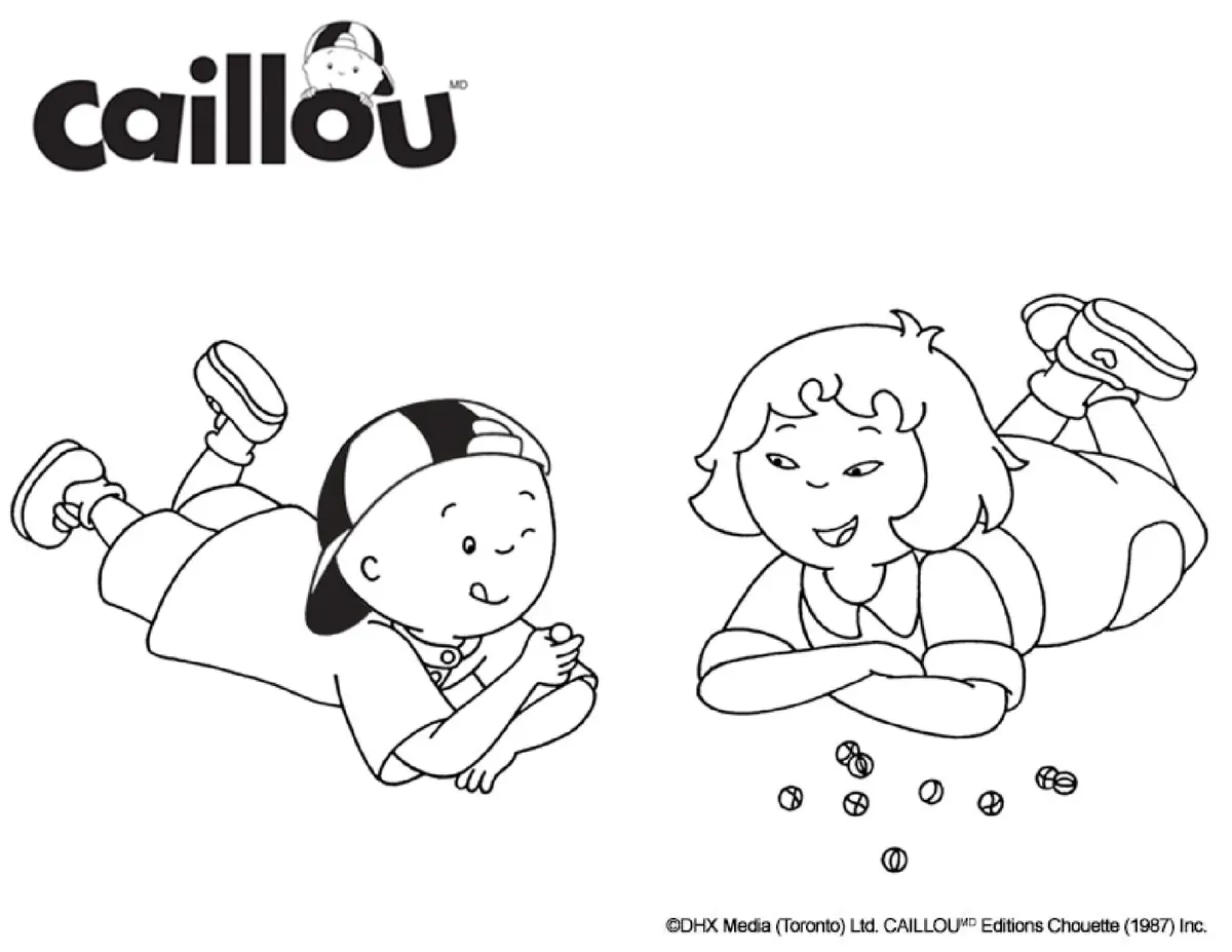 Kleurplaat Caillou en Sarah spelen knikkeren om te printen