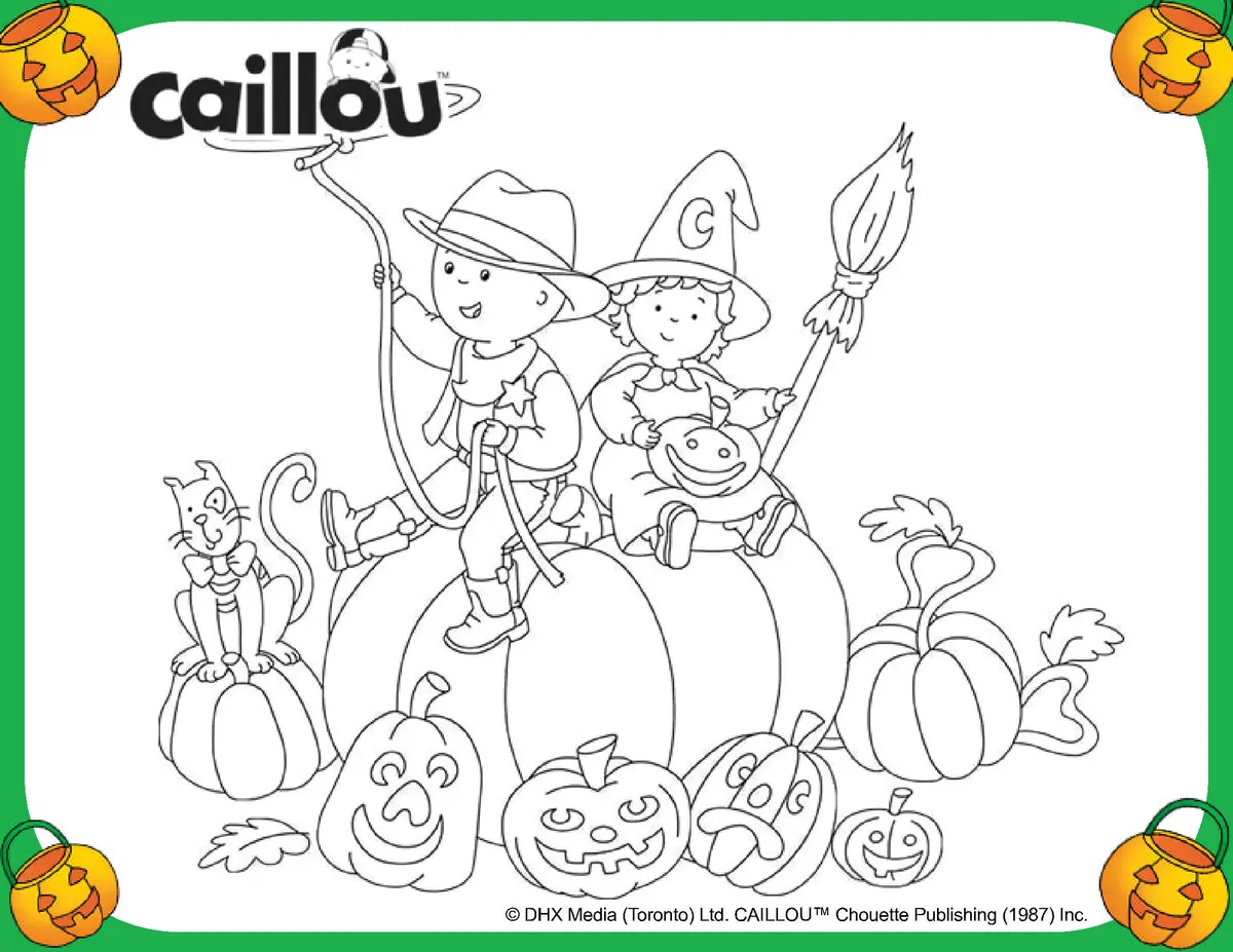 Disegno di Caillou e Mousseline su una zucca di Halloween da stampare