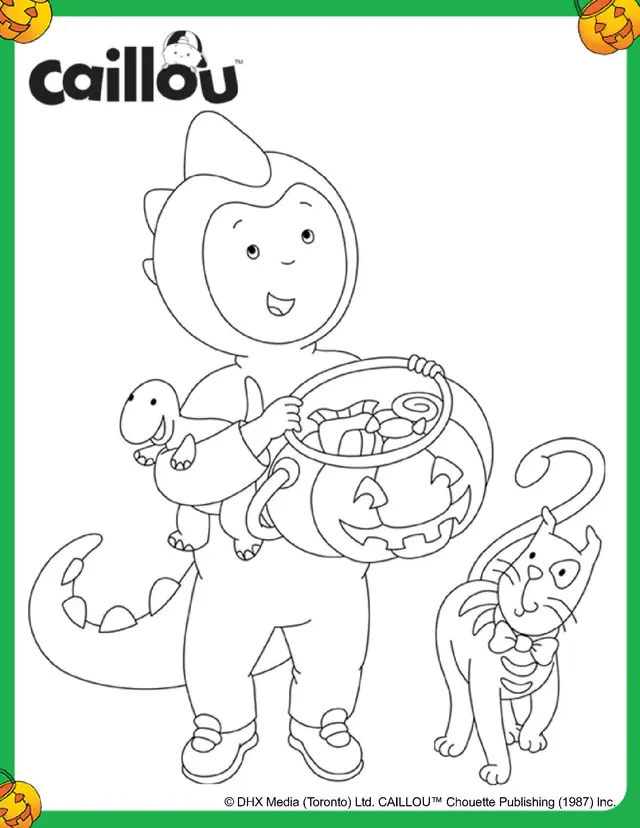 Coloriage Caillou Halloween Déguisé En Dinosaure - Caillou à imprimer