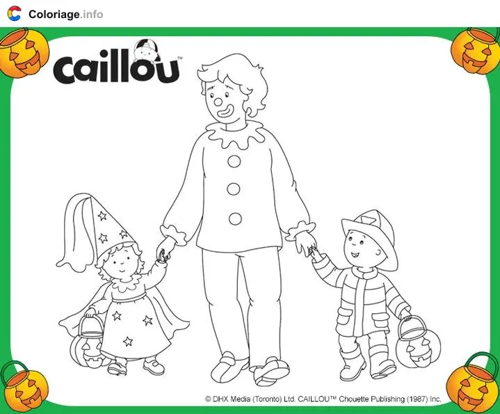 Caillou the Firefighter, Mousseline the Princess, and Dad the Clown for Halloween coloring page to print