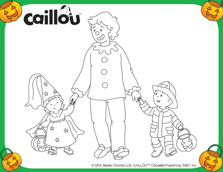 Coloriage Caillou Le Pompier Mousseline La Princesse Et Papa Le Clown Pour Halloween - Caillou à imprimer