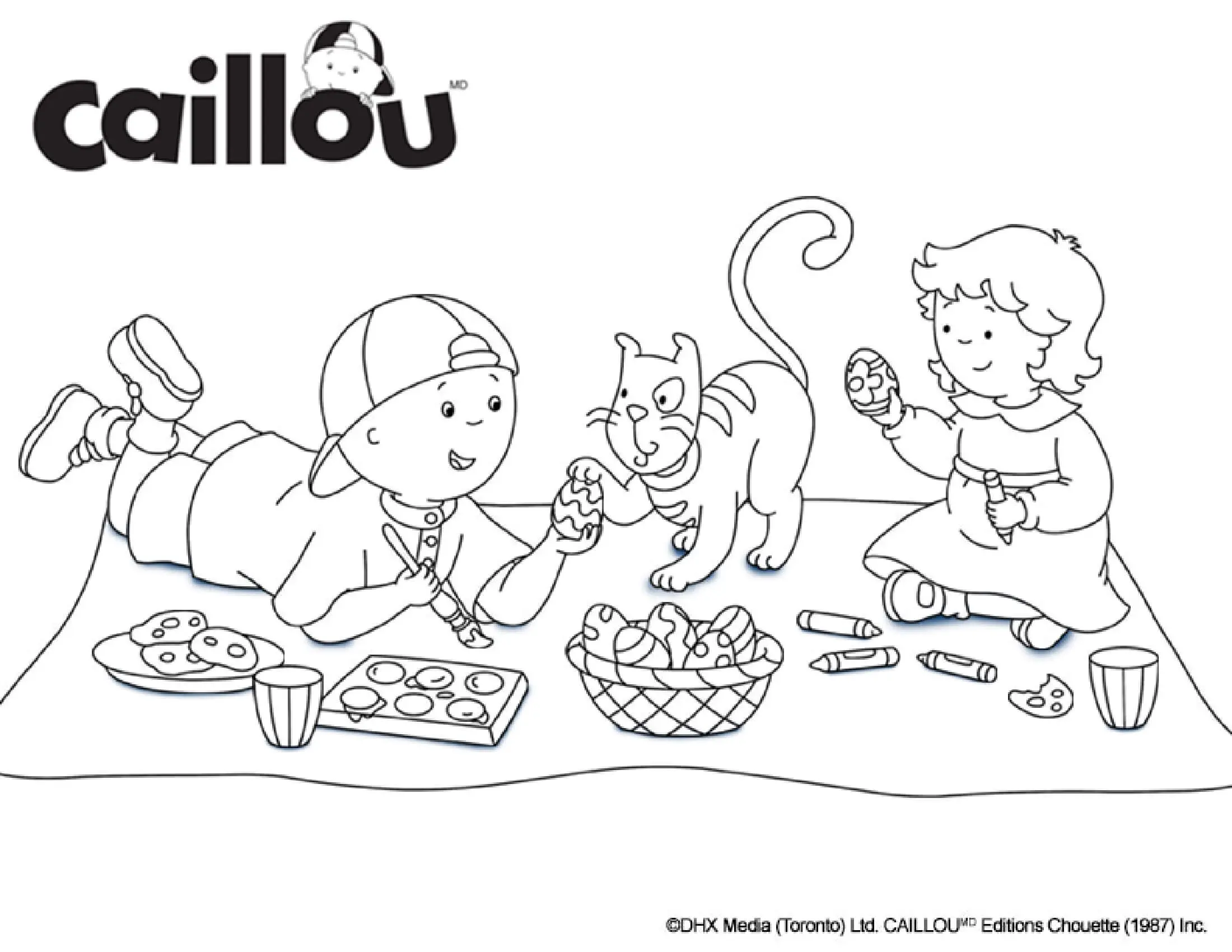Coloriage Caillou Mousseline Et Gilbert Le Chat Preparent Des Œufs De Pâques - Caillou à imprimer
