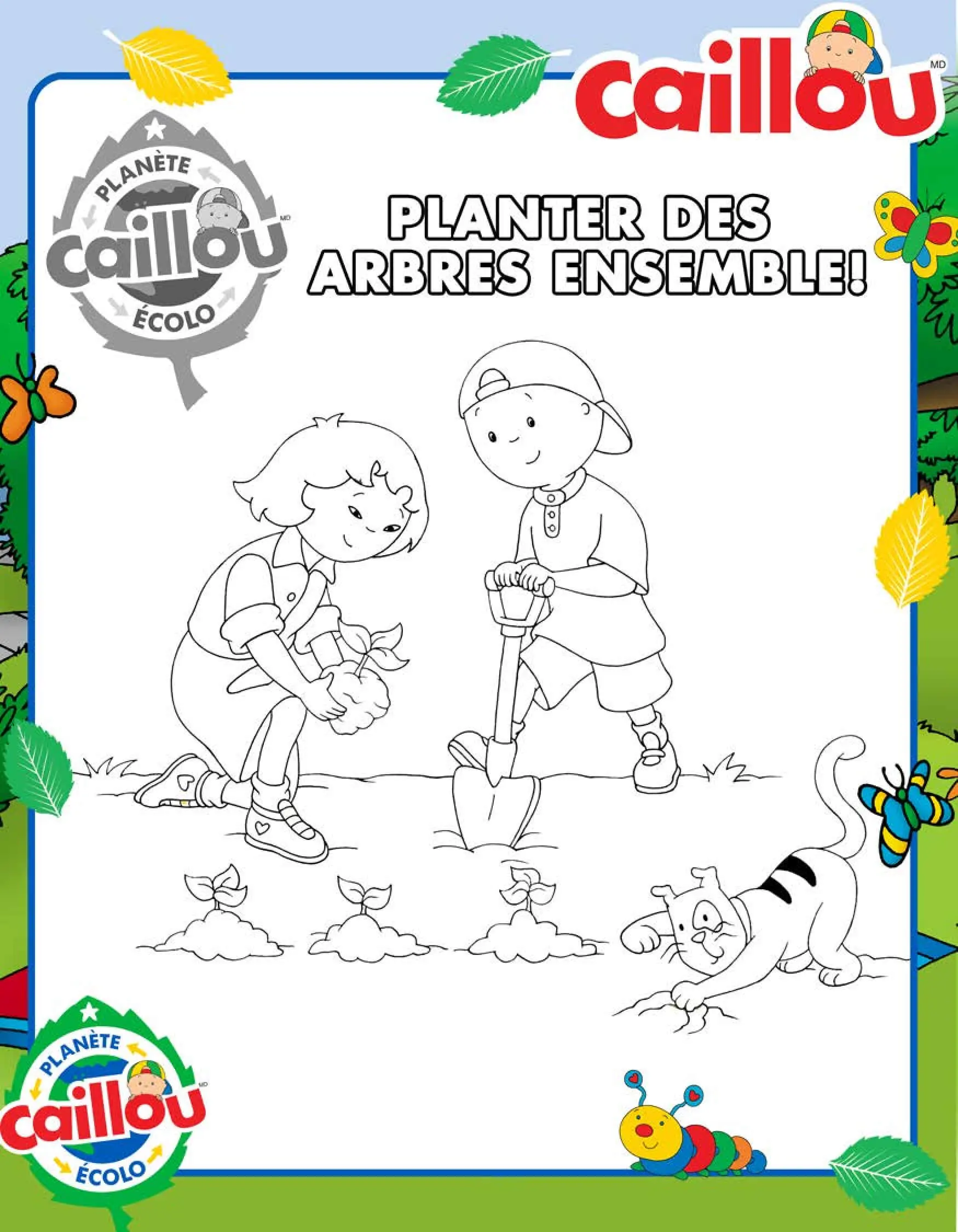 Coloriage Caillou Plante Des Arbres Avec Sarah Et Son Chat Gilbert - Caillou à imprimer