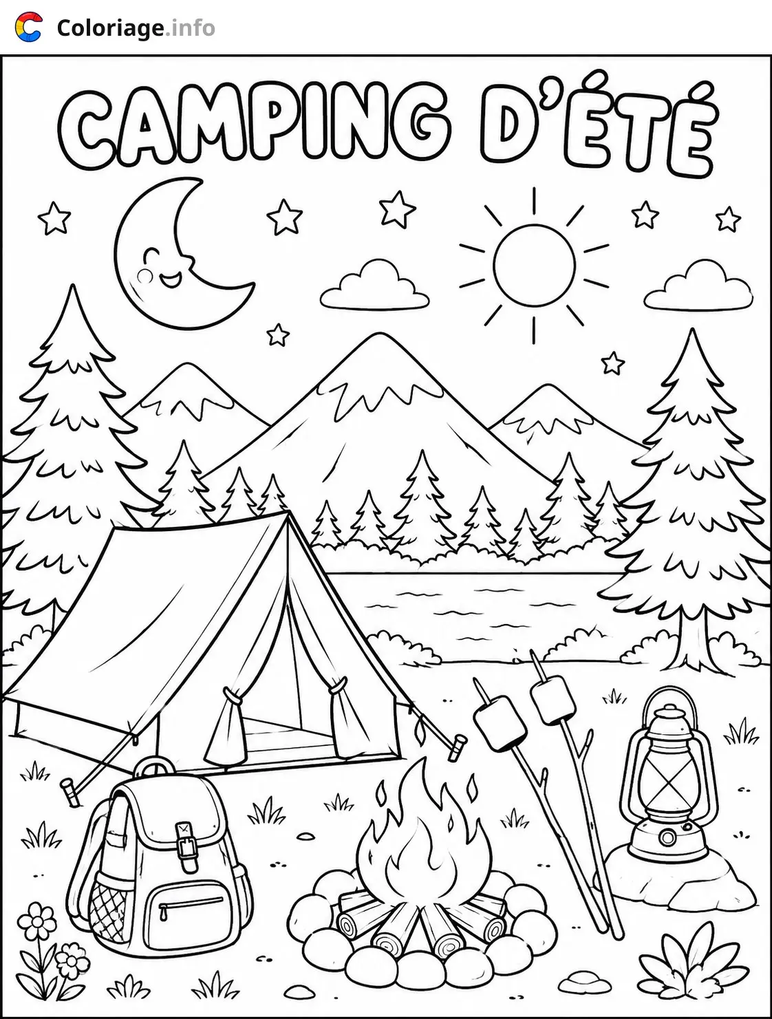 Coloriage Camping d'été en montagne - Été à imprimer