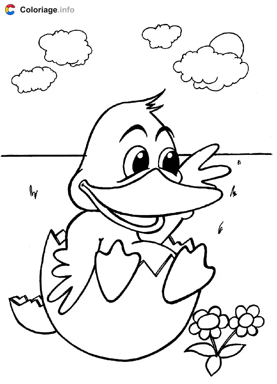 Duck with Flowers and Clouds coloring page to print