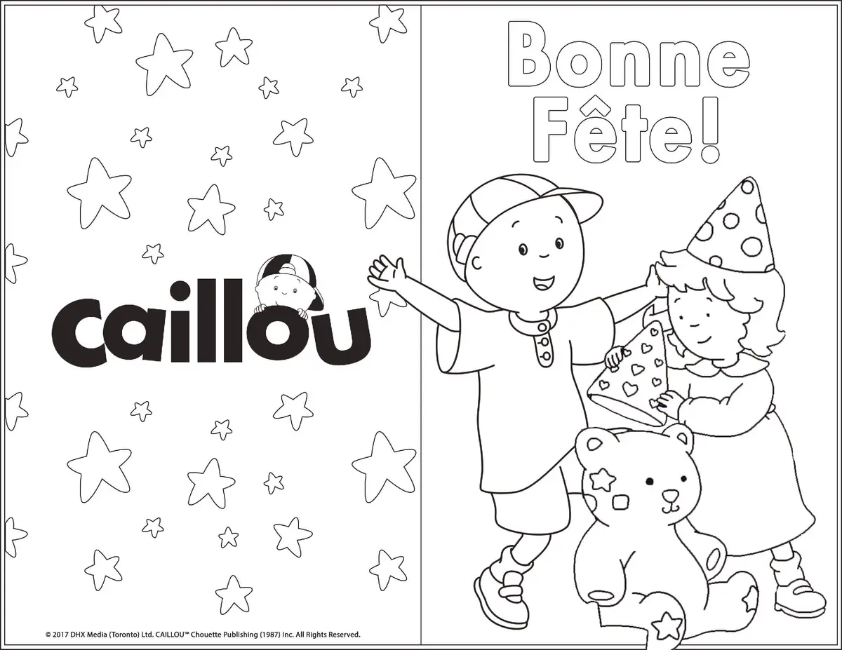 Disegno di Biglietto di buon compleanno con Caillou e Mousseline da stampare