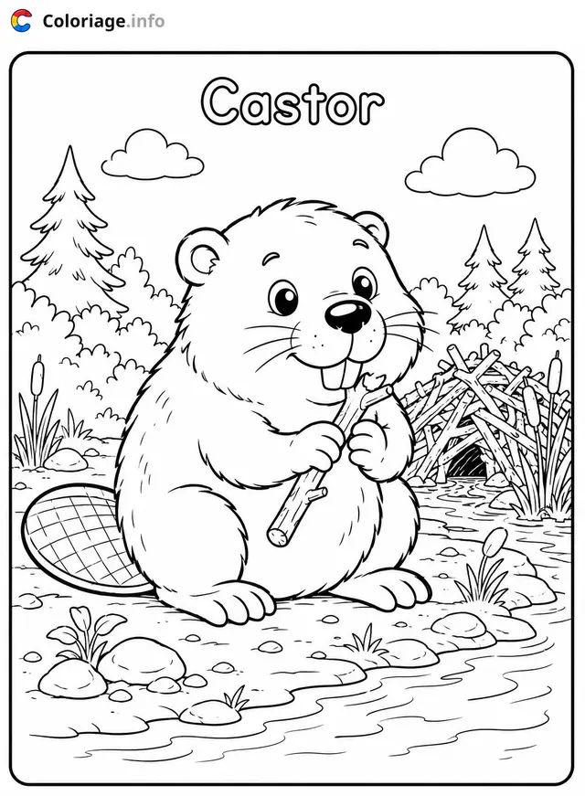 Coloriage Castor au bord de l'eau - Castor à imprimer