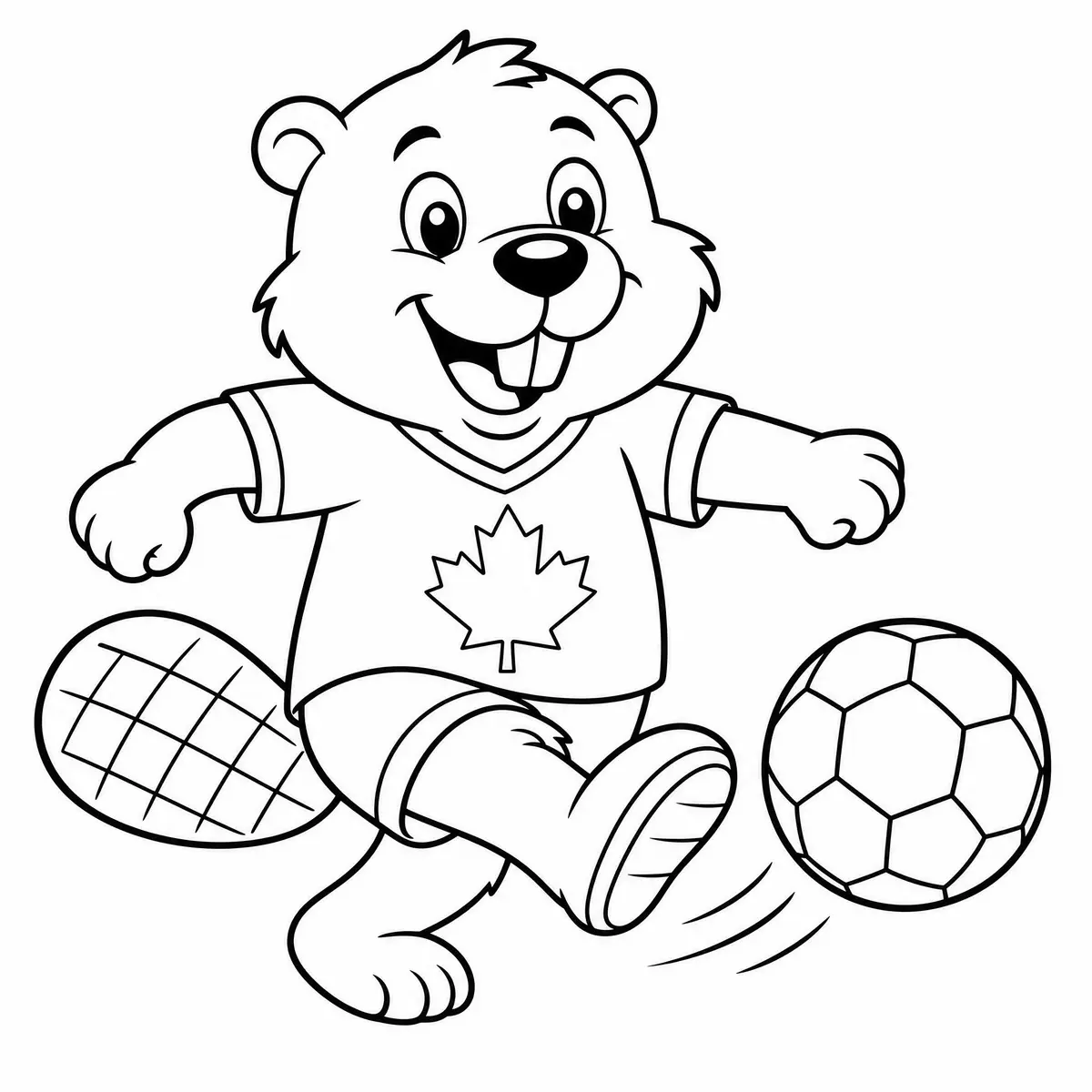 Kleurplaat Kawaii bever in Canada-shirt schiet op doel – WK 2026 om te printen
