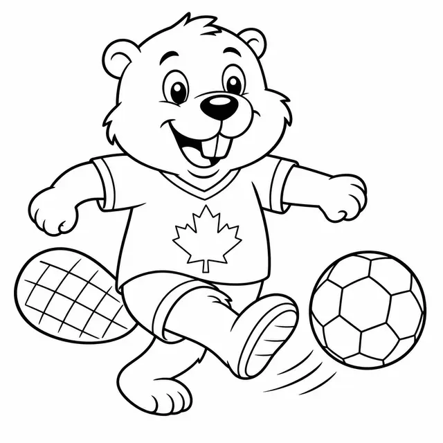 Desenho de Castor Kawaii com Uniforme do Canadá Chutando Bola na Copa do Mundo para colorir