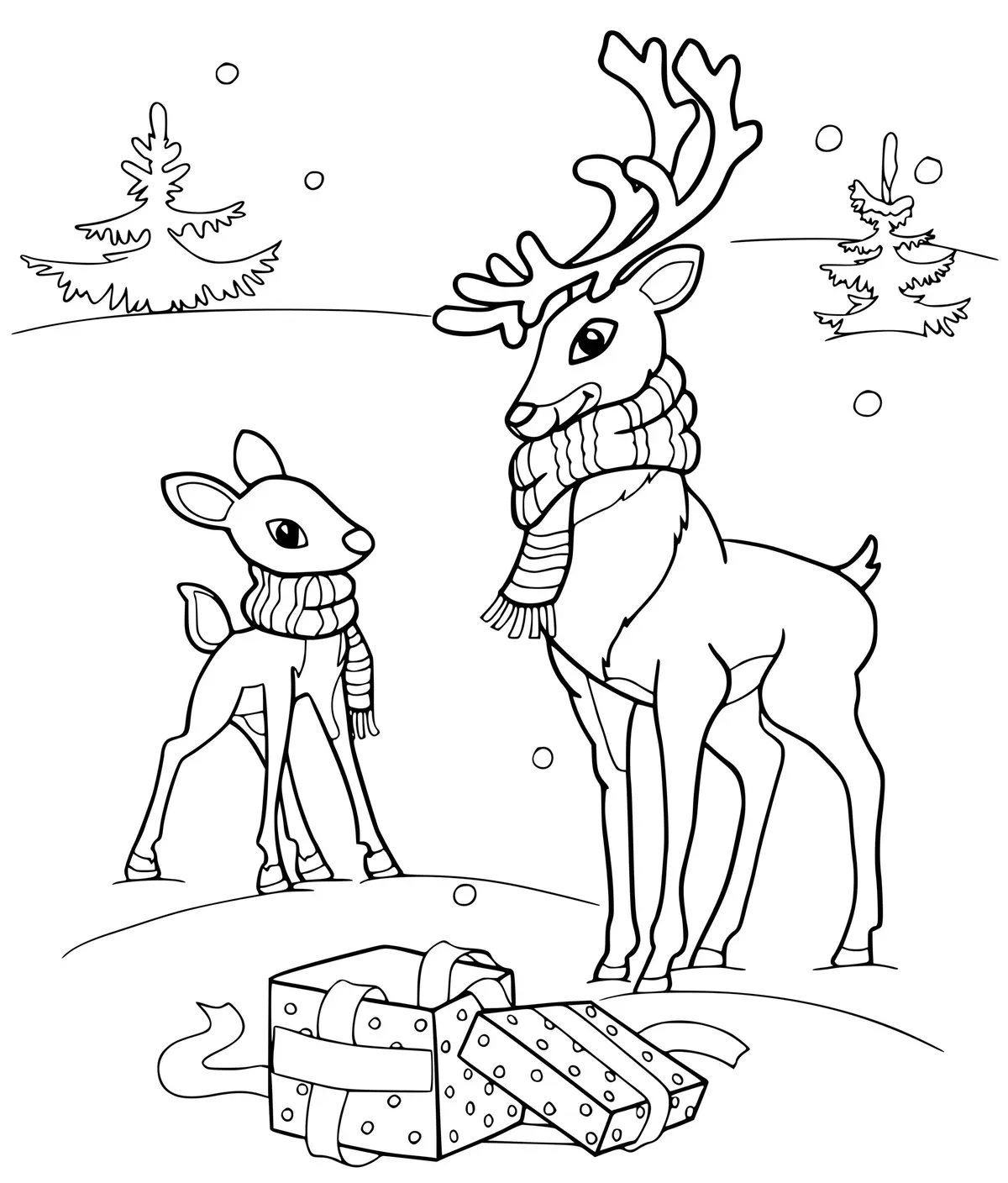 Ausmalbild Hirsch und Rentier im Winter zum Ausdrucken