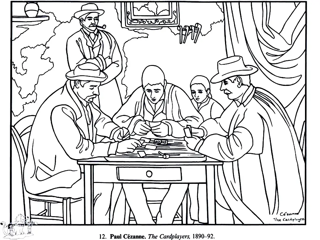 Coloriage Cezanne Les Joueurs De Carte - Adulte à imprimer