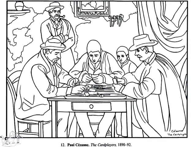 Coloriage Cezanne Les Joueurs De Carte - Adulte à imprimer