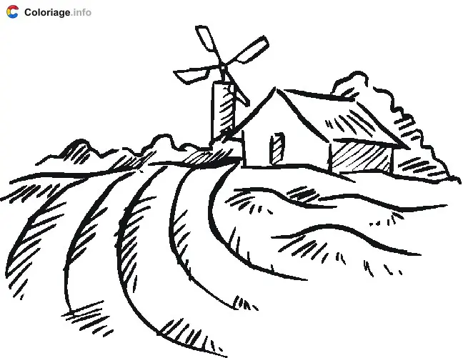 Coloriage Champs labouré moulin - Animaux de la ferme à imprimer