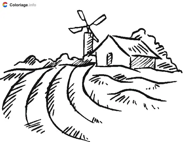 Plowed Field and Mill coloring page to print