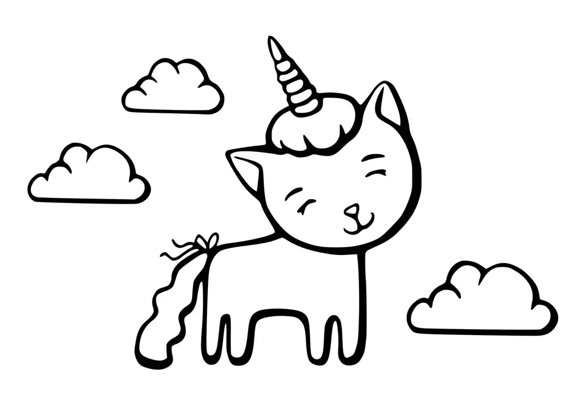 Dibujo de Gato Unicornio Entre las Nubes para colorear