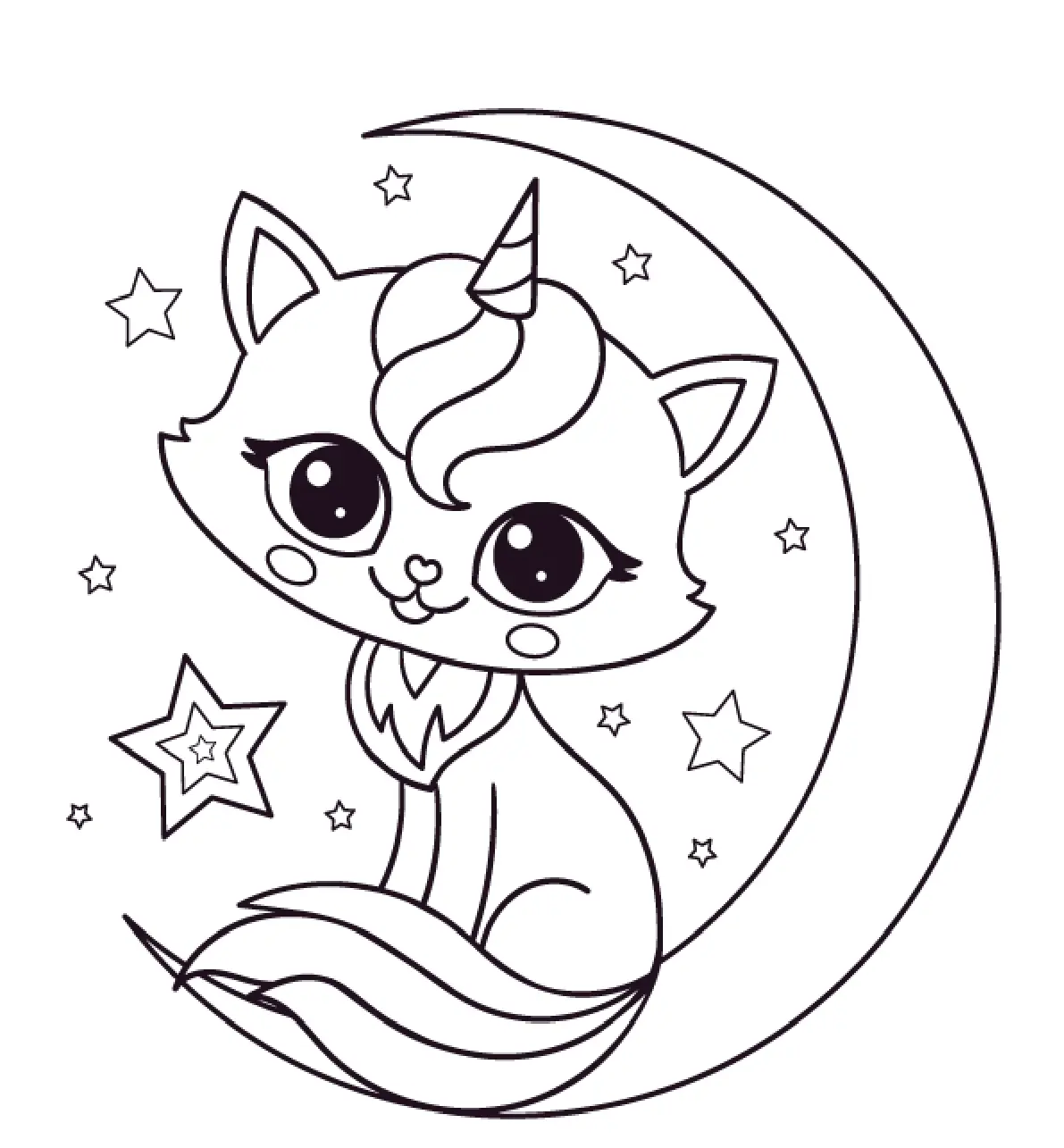 Dibujo de Gato Unicornio Mágico con Luna para colorear