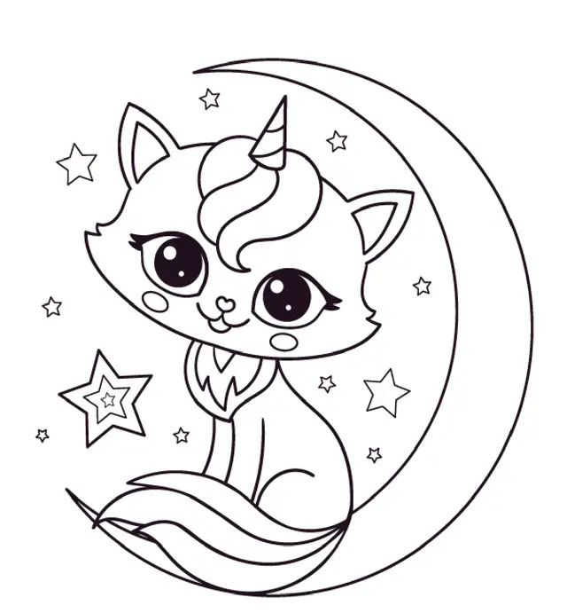 Coloriage Chat Licorne Lune Mignon - Chat licorne à imprimer