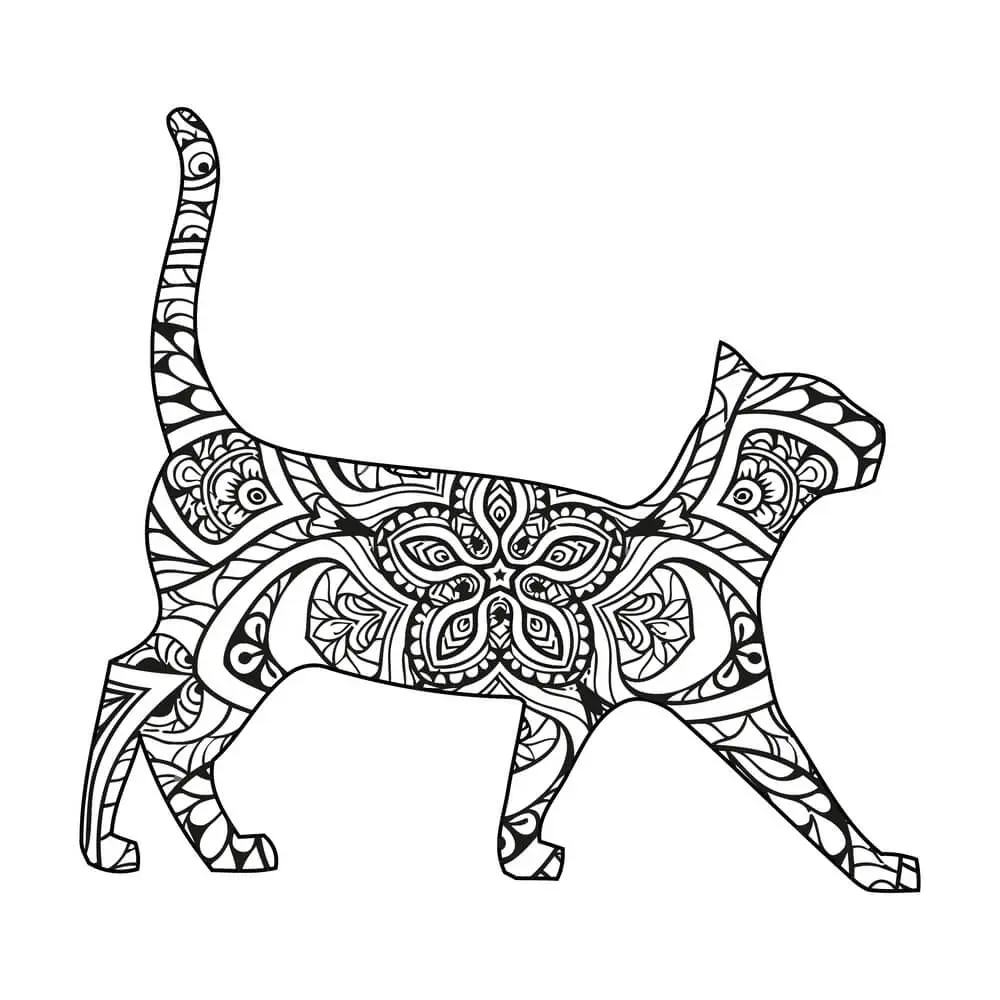 Coloriage Minou mandala aux symboles complexes - Chat mandala à imprimer