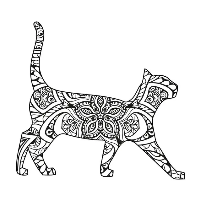 Ausmalbild Katzen-Mandala mit komplexen Symbolen zum Ausdrucken