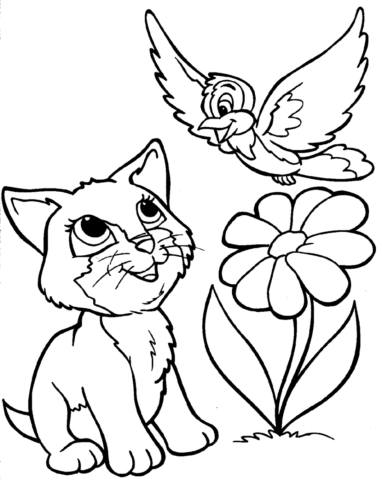 Ausmalbild Niedliche Katze und Vogel – Süße Tiere zum Ausdrucken
