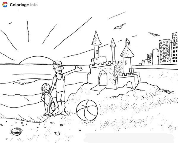 Coloriage Chateau de sable a la mer - Été à imprimer