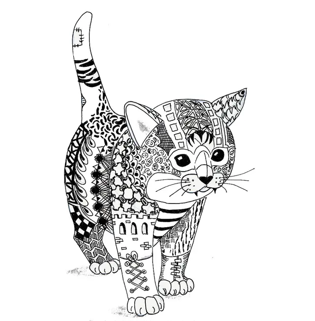 Ausmalbild Kätzchen und erwachsene Katze Mandala zum Ausdrucken