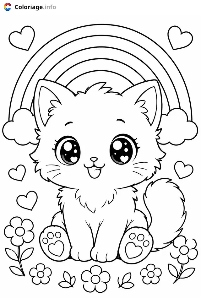 Coloriage Chaton Kawaii arc-en-ciel et fleurs - Chaton kawaii à imprimer