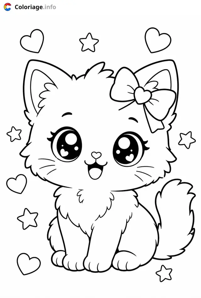 Coloriage Chaton Kawaii avec arc rose - Chaton kawaii à imprimer