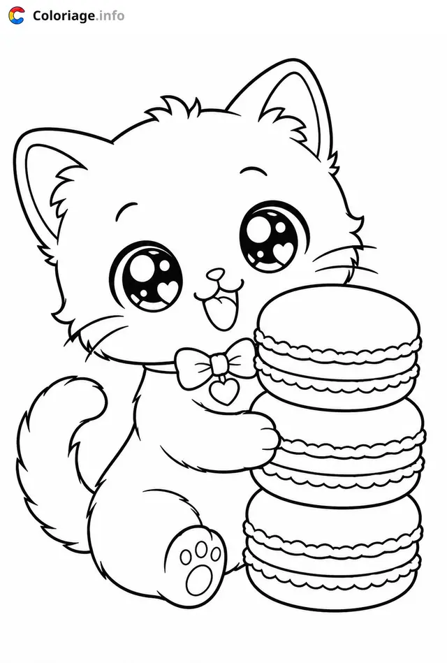 Coloriage Chaton Kawaii avec des macarons - Chaton kawaii à imprimer