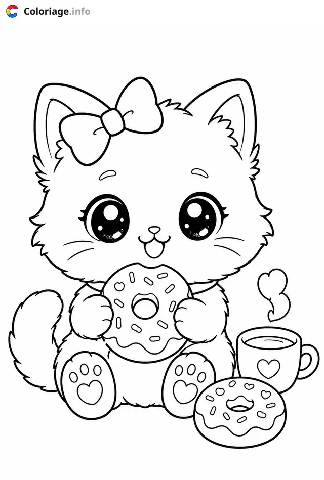 Coloriage Chaton Kawaii avec donuts et café - Chaton kawaii à imprimer