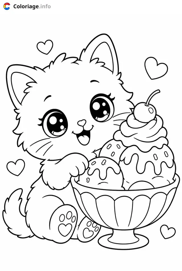 Coloriage Chaton Kawaii avec glaces - Chaton kawaii à imprimer