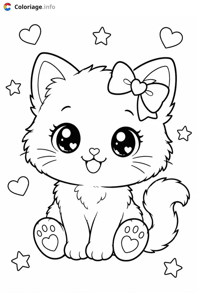 Coloriage Chaton Kawaii avec nœud rose - Chaton kawaii à imprimer