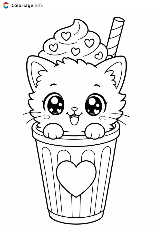 Coloriage Chaton Kawaii dans un verre - Chaton kawaii à imprimer