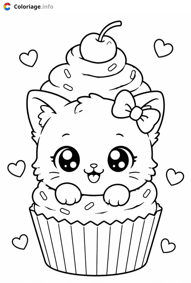 Coloriage Chaton Kawaii en cupcake - Chaton kawaii à imprimer