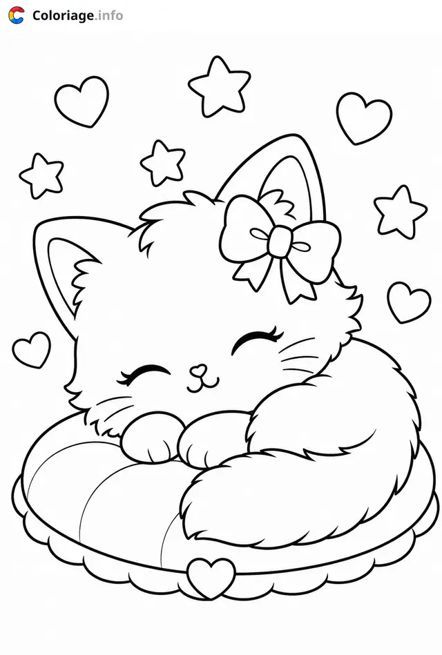Coloriage Chaton Kawaii endormi sur un nuage - Chaton kawaii à imprimer