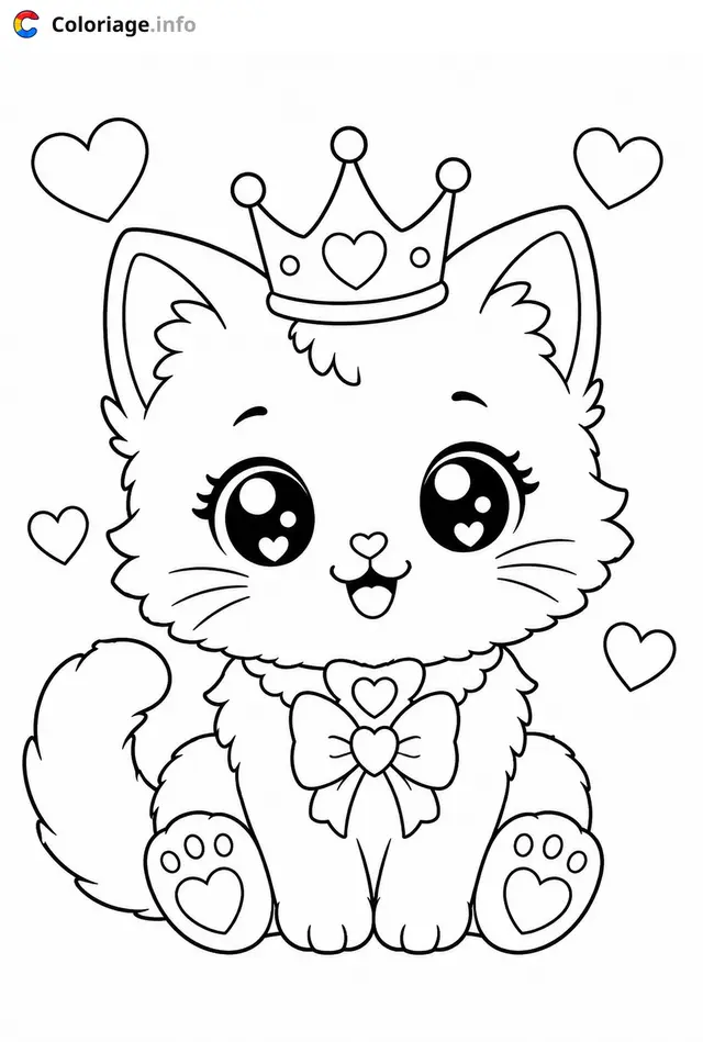 Coloriage Chaton Kawaii princesse avec couronne dorée - Chaton kawaii à imprimer
