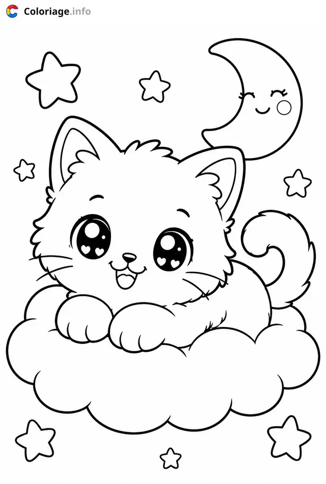 Coloriage Chaton Kawaii sur un nuage - Chaton kawaii à imprimer