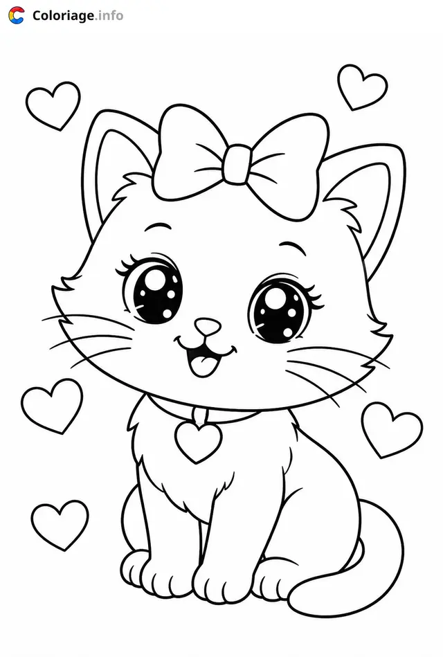 Coloriage Chaton mignon avec nœud rose - Chaton mignon à imprimer