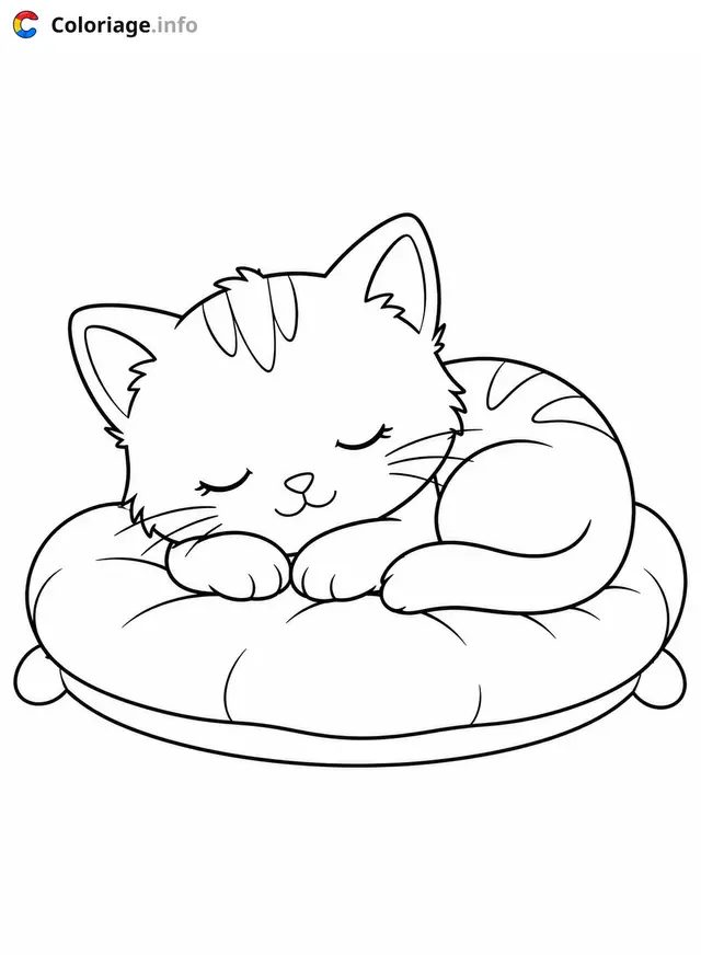 Coloriage Chaton mignon endormi sur un coussin - Chaton mignon à imprimer