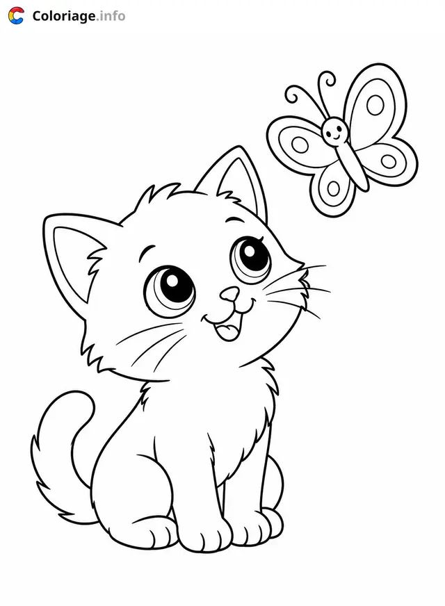 Coloriage Chaton mignon joue avec un papillon - Chaton mignon à imprimer