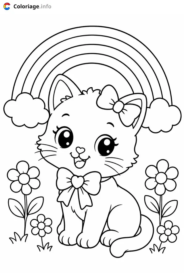 Coloriage Chaton mignon sous l'arc-en-ciel - Chaton mignon à imprimer