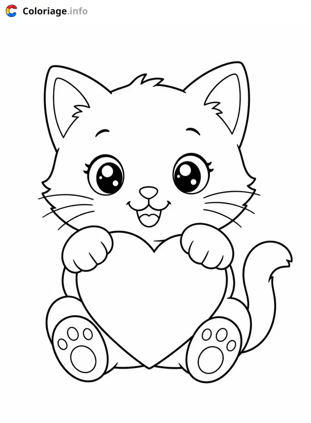 Coloriage Chaton mignon tenant un cœur - Chaton mignon à imprimer