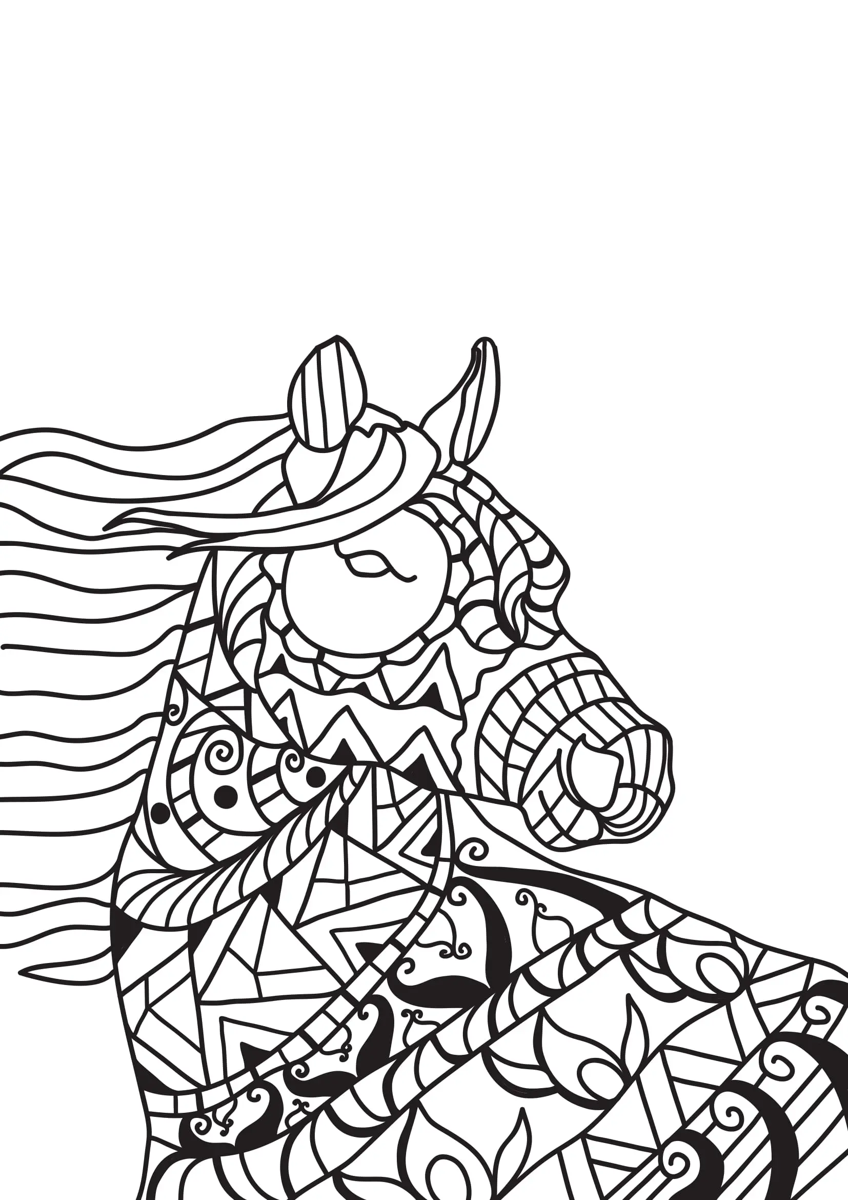 Coloriage Étalon fougueux aux motifs complexes - Adulte cheval à imprimer